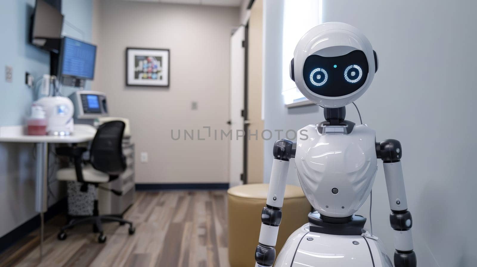 A robot in a hospital lobby, Robot nurse service technology in hospital, Generative AI.