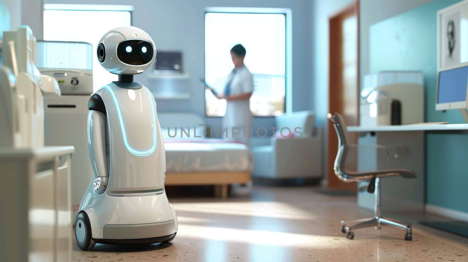 A robot in a hospital lobby, Robot nurse service technology in hospital, Generative AI.