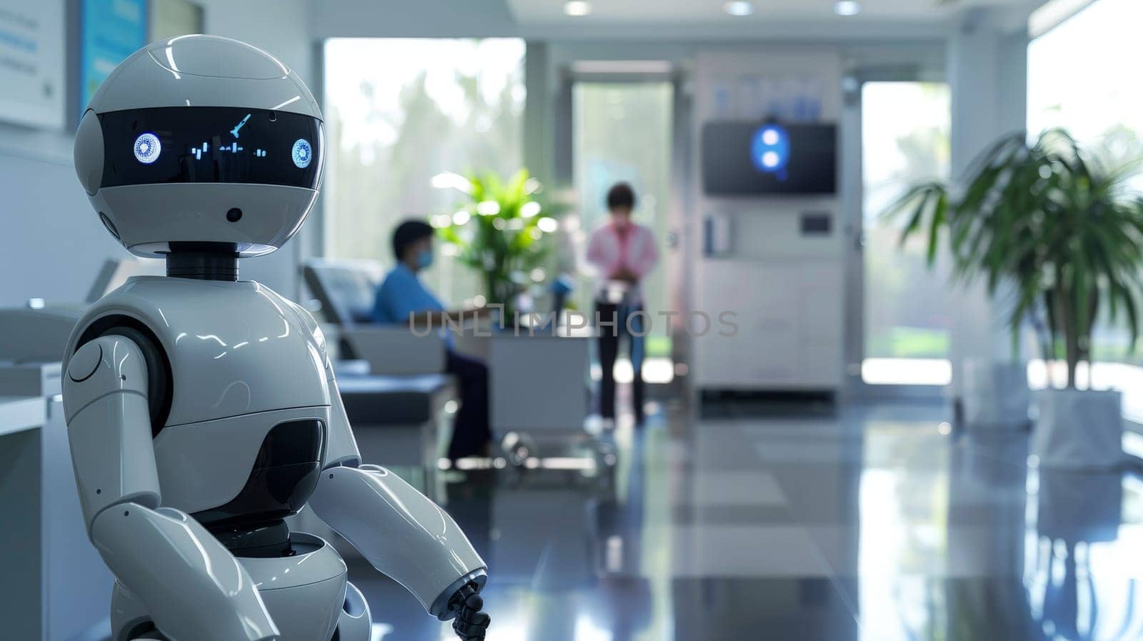 A robot in a hospital lobby, Robot nurse service technology in hospital, Generative AI.