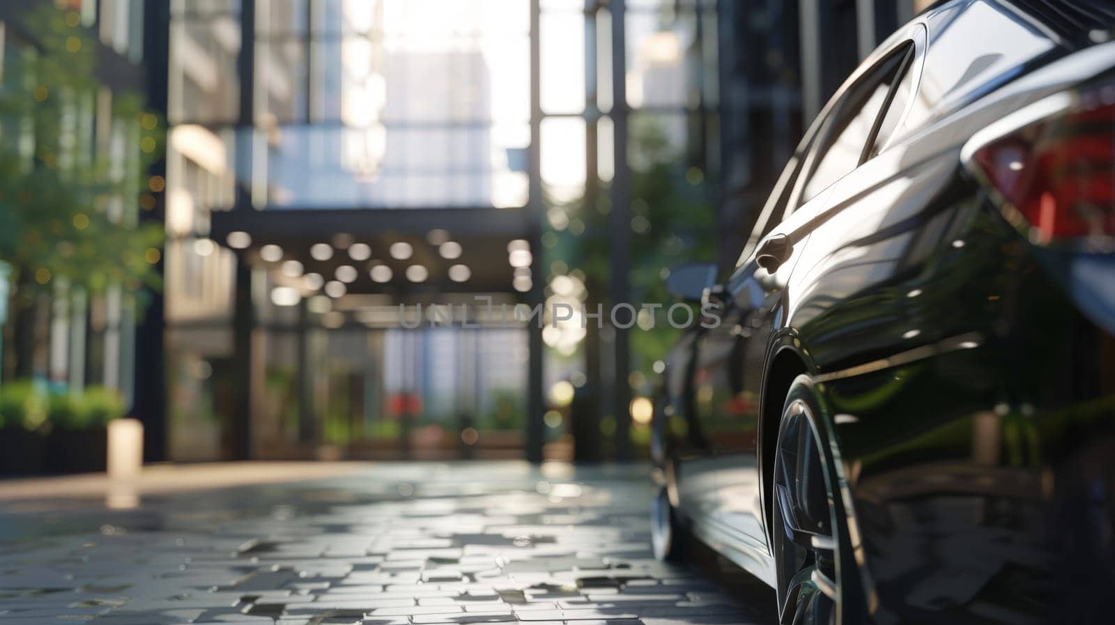 A commercial car is standing in front of modern office building, Generative AI by nijieimu