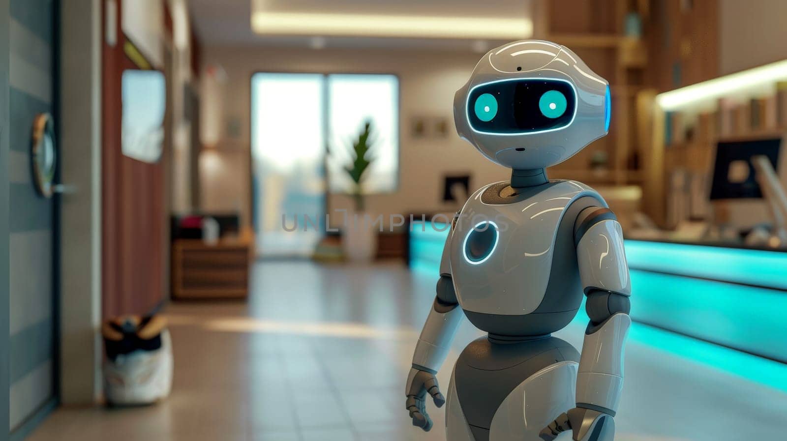 A robot in a hospital lobby, Robot nurse service technology in hospital, Generative AI.