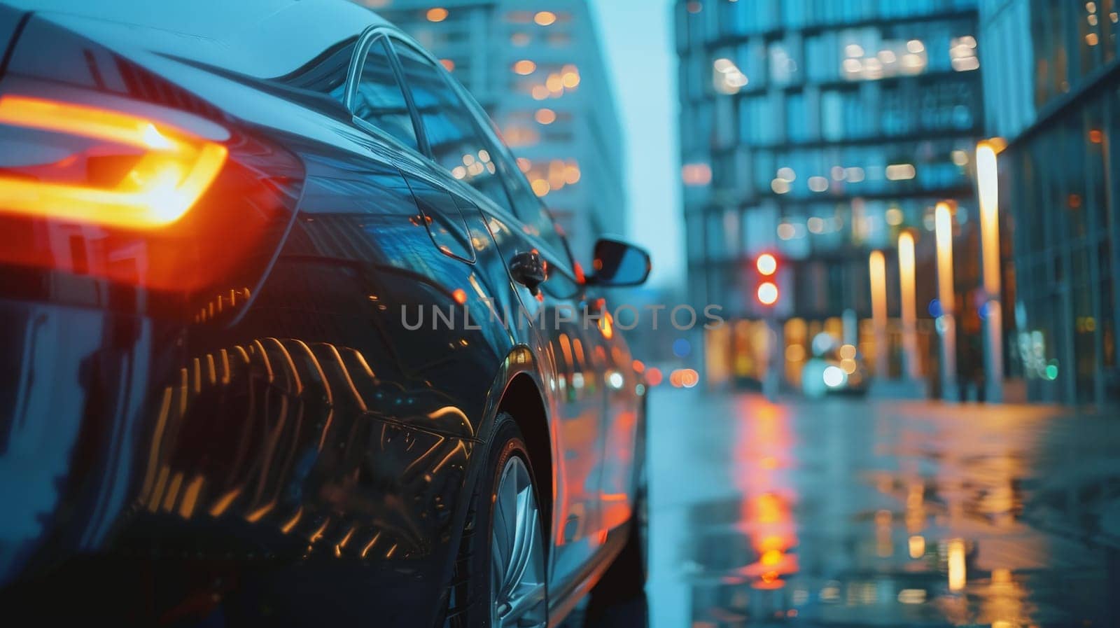 A modern car in front of office building with a blurred background, Generative AI by nijieimu