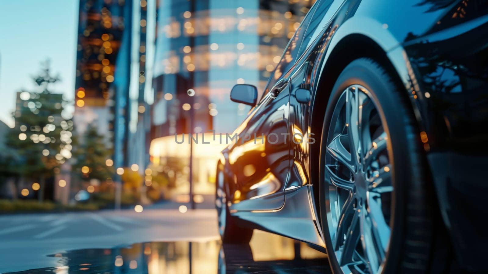 A modern car in front of office building with a blurred background, Generative AI.