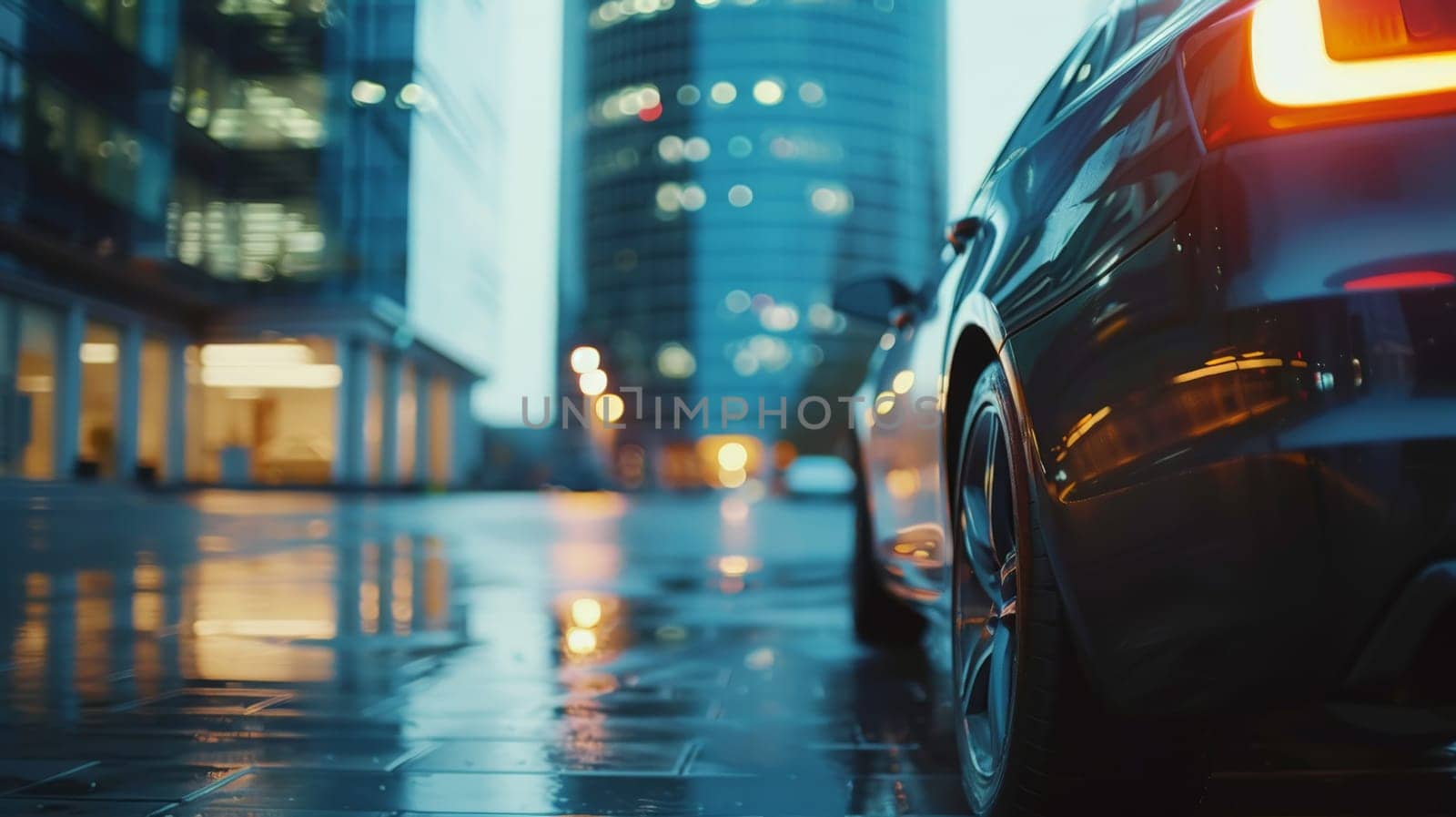 A modern car in front of office building with a blurred background, Generative AI by nijieimu