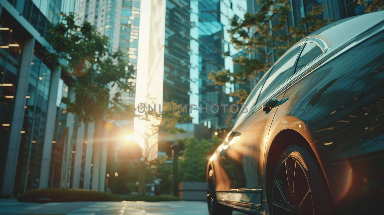 A modern car in front of office building with a blurred background, Generative AI.