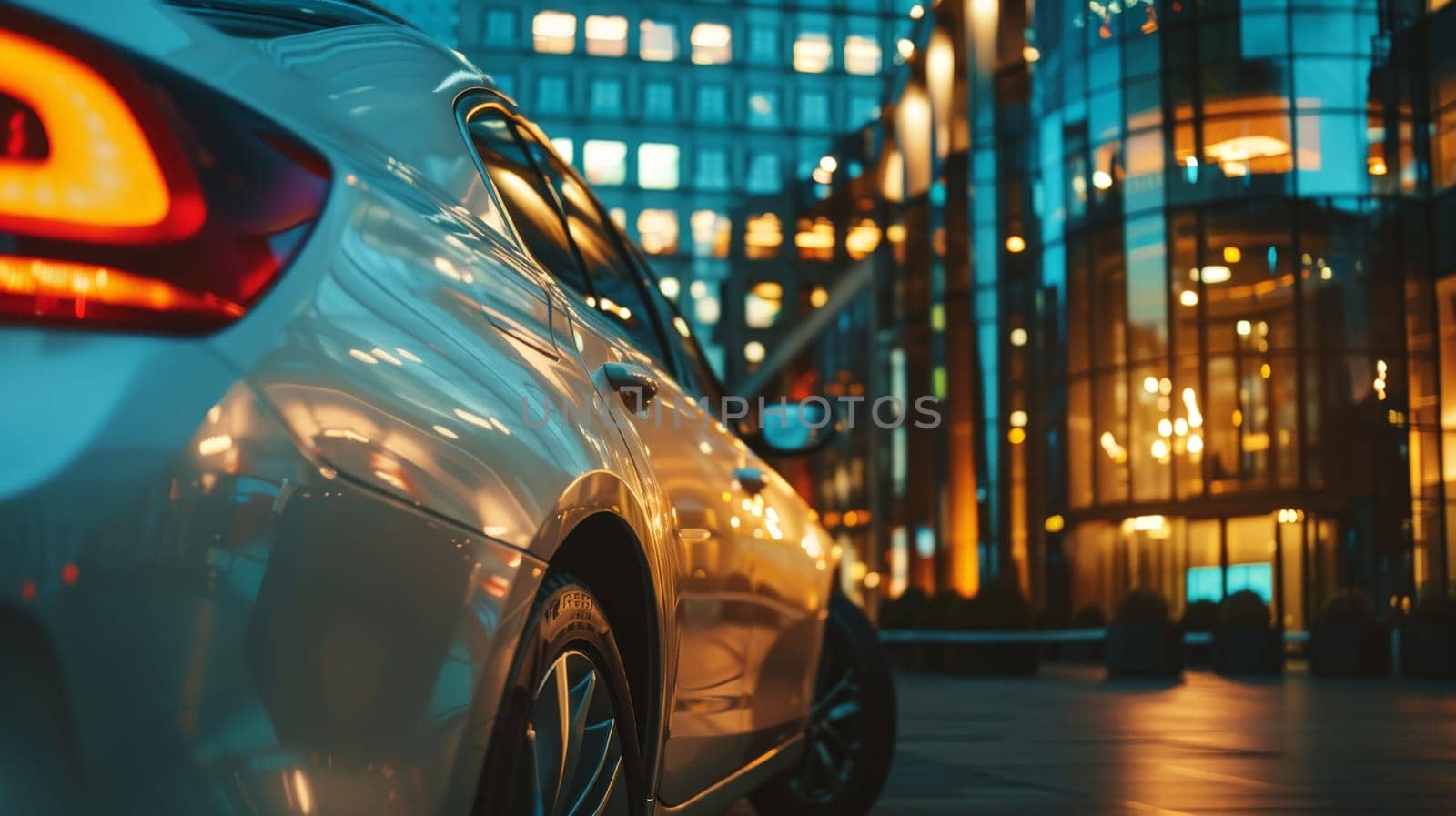 A modern car in front of office building with a blurred background, Generative AI.