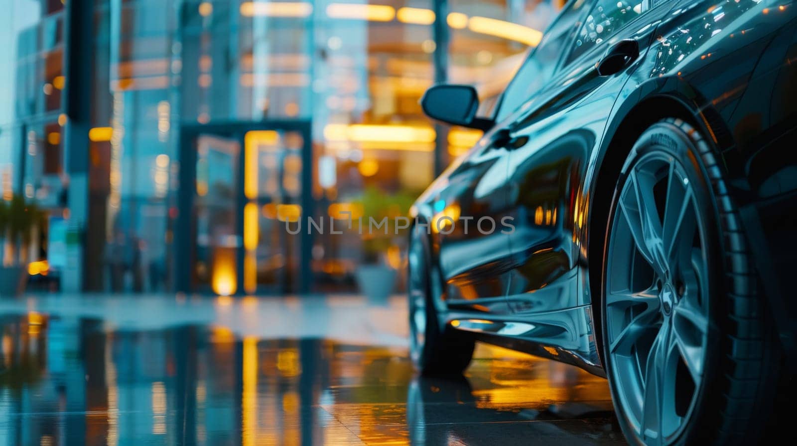 A modern car in front of office building with a blurred background, Generative AI by nijieimu