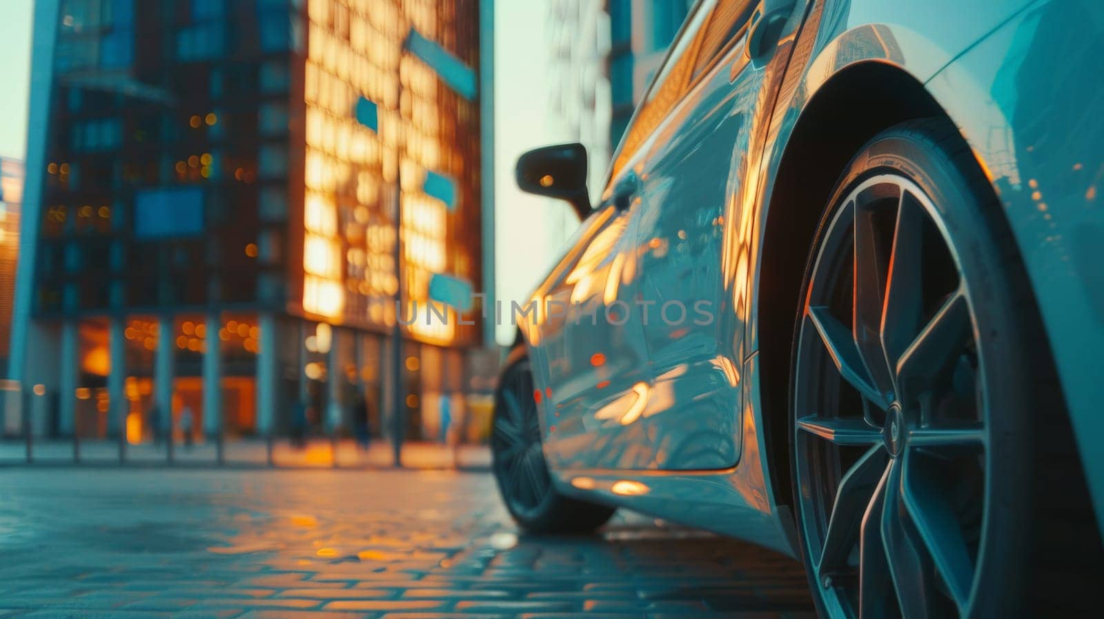 A car is parked in front of a tall building in a city, Generative AI.