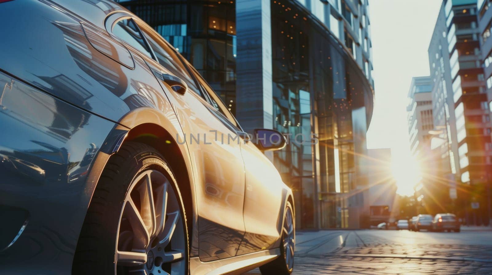 A modern car in front of office building with a blurred background, Generative AI.