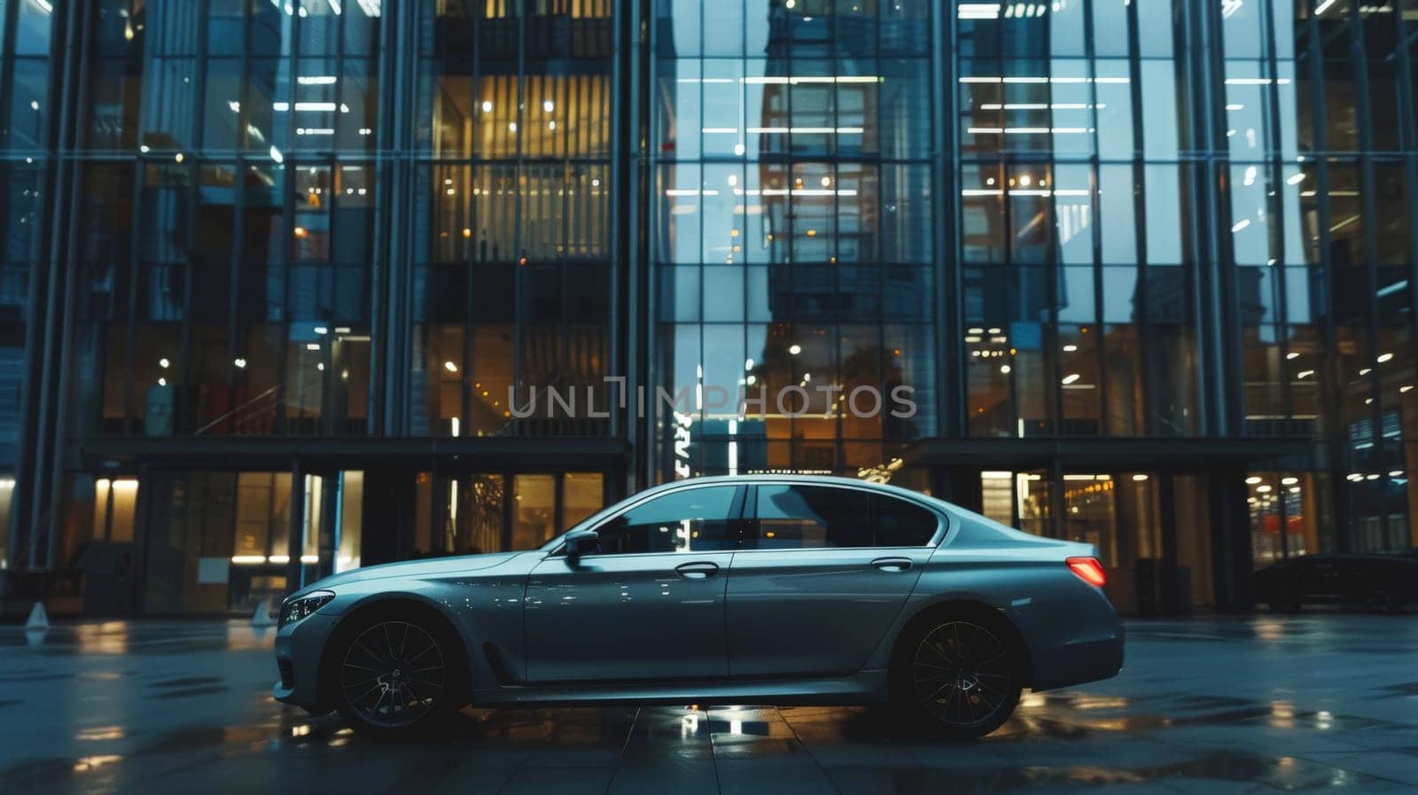 A commercial car is standing in front of modern office building, Generative AI.