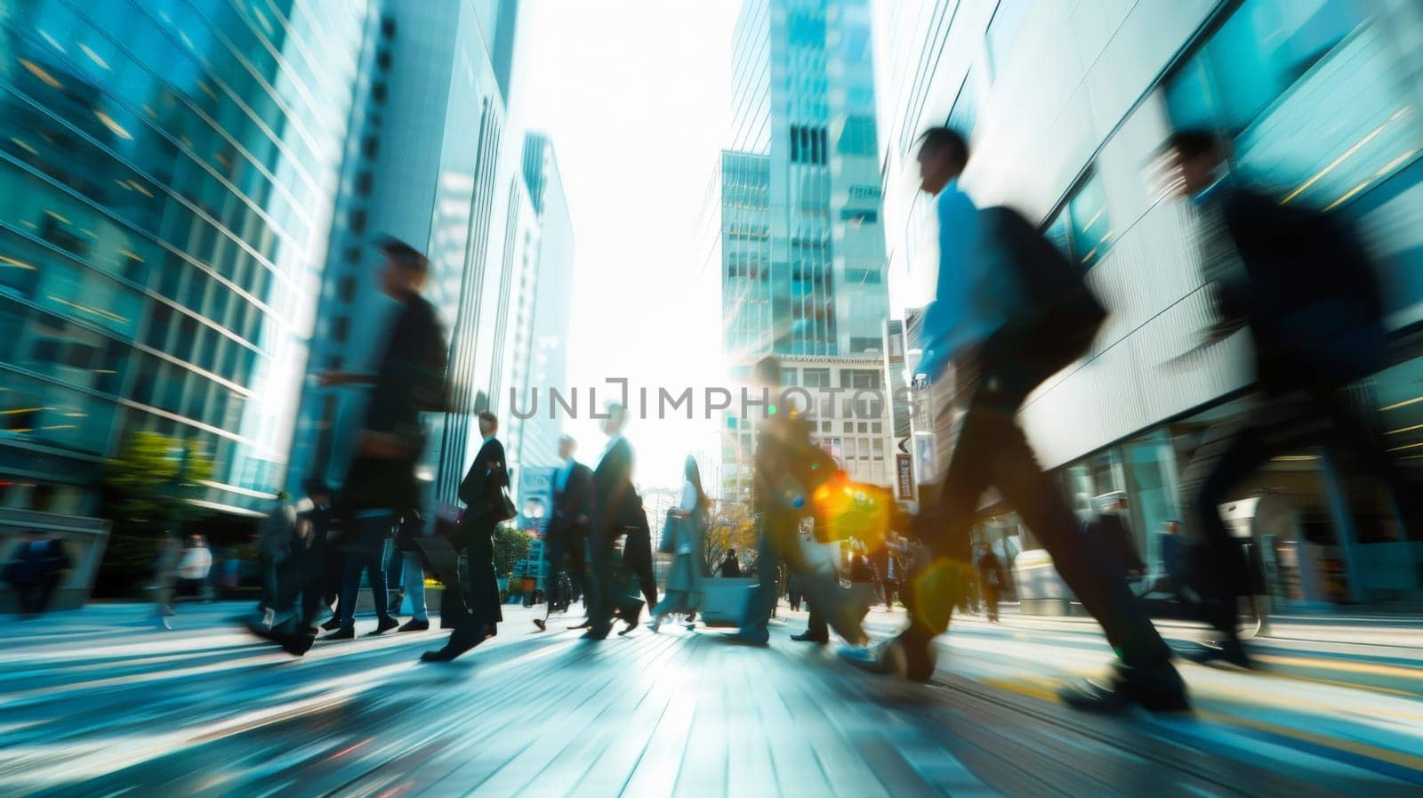 Blurred group of business people walking on the streets with city scape background, Generative AI..