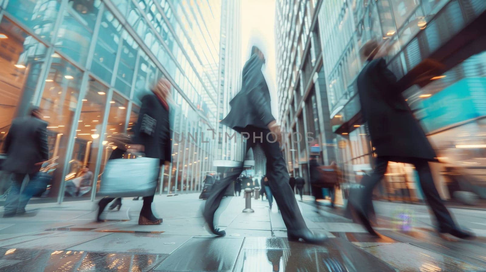 Blurred businesspeople walking at modern city with city scape background, Generative AI by nijieimu