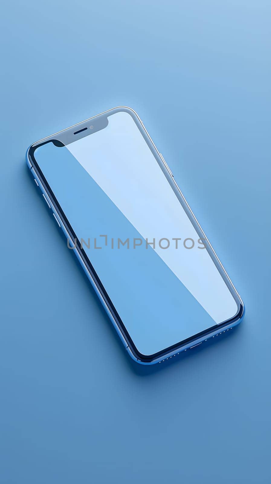 A portable communications device, in the form of a rectangular electric blue smartphone, is resting on a blue plastic surface. It is equipped with a bumper for protection