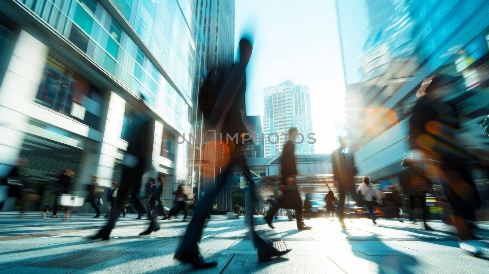 Blurred businesspeople walking at modern city with city scape background, Generative AI by nijieimu