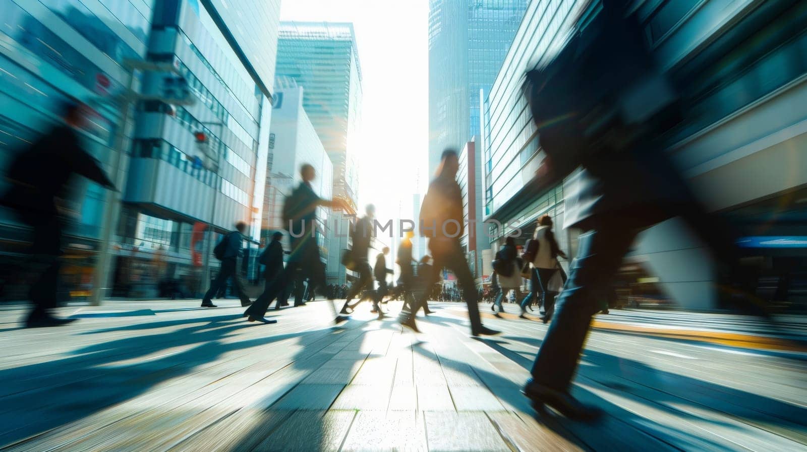Blurred businesspeople walking at modern city with city scape background, Generative AI by nijieimu