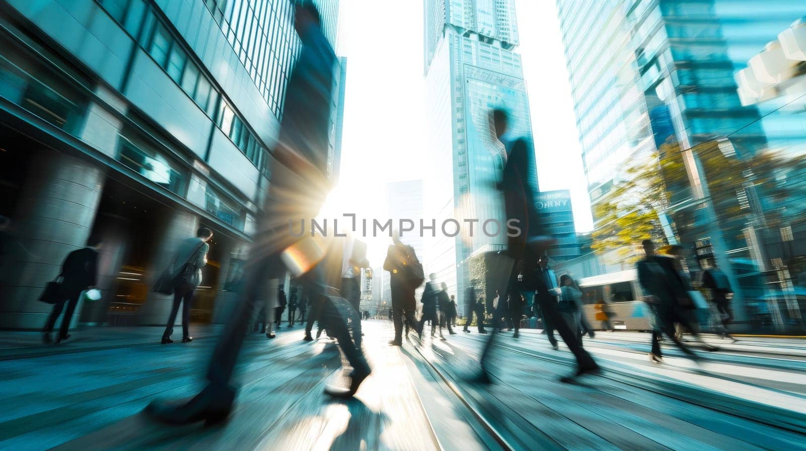 Blurred businesspeople walking at modern city with city scape background, Generative AI by nijieimu