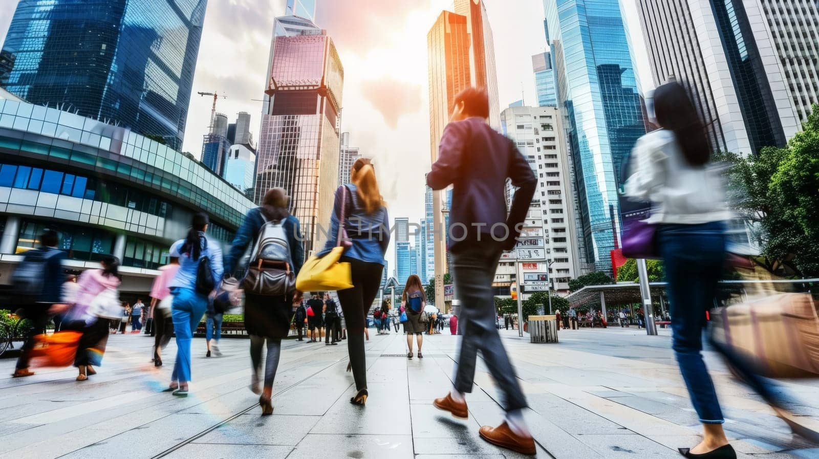 Blurred businesspeople walking at modern city with city scape background, Generative AI.