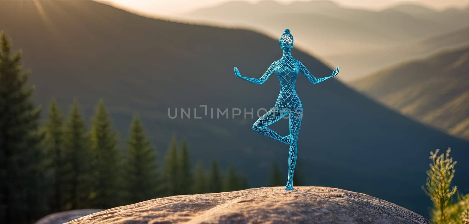 Woman in yoga pose, bent wire figure on nature backdrop, Creative figures symbol of yoga and harmony, art and serenity intersection. Female fitness yoga routine concept. Healthy lifestyle. by panophotograph