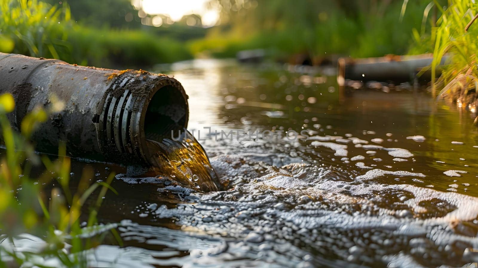 Water from a pipe is flowing into a river, enhancing the natural landscape. Nearby plants, trees, and animals benefit from the influx of water