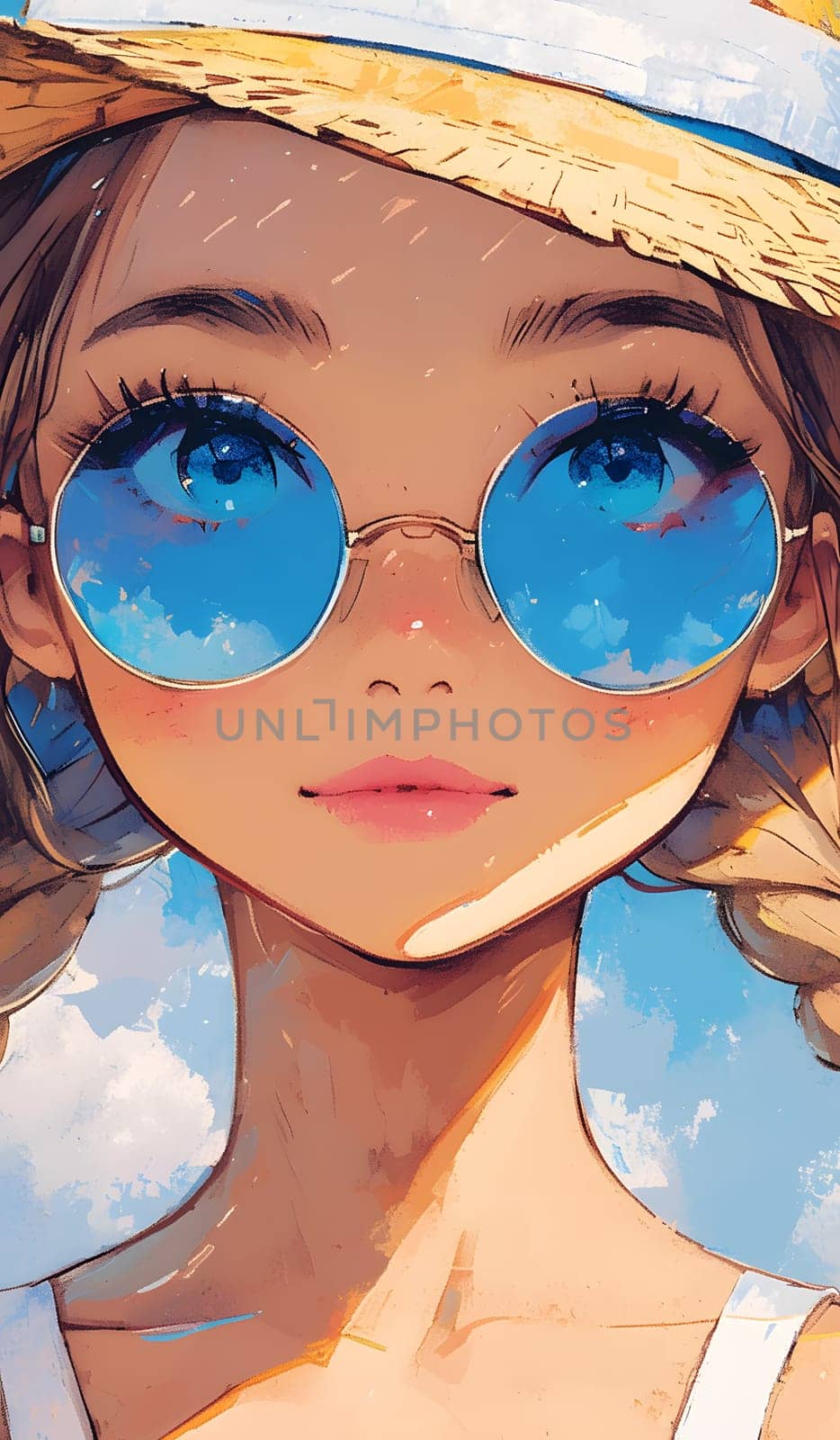 A girl with sunglasses and a hat gazes upwards at the sky, protecting her eyes with stylish eyewear. Her nose, hair, and lashes frame her vision with care