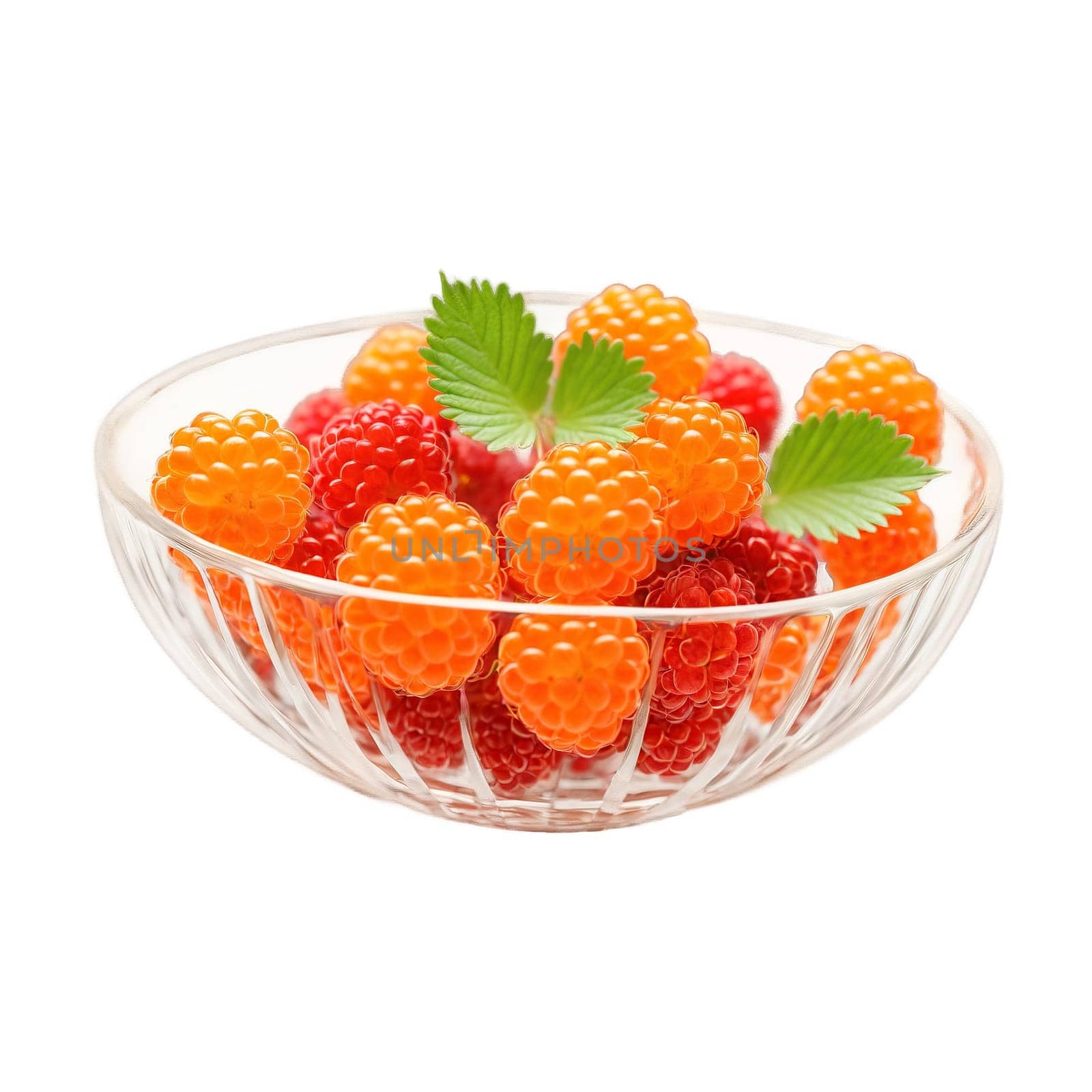 Luscious salmonberries Rubus spectabilis artfully arranged in a clear glass bowl showcasing their vibrant orange by panophotograph