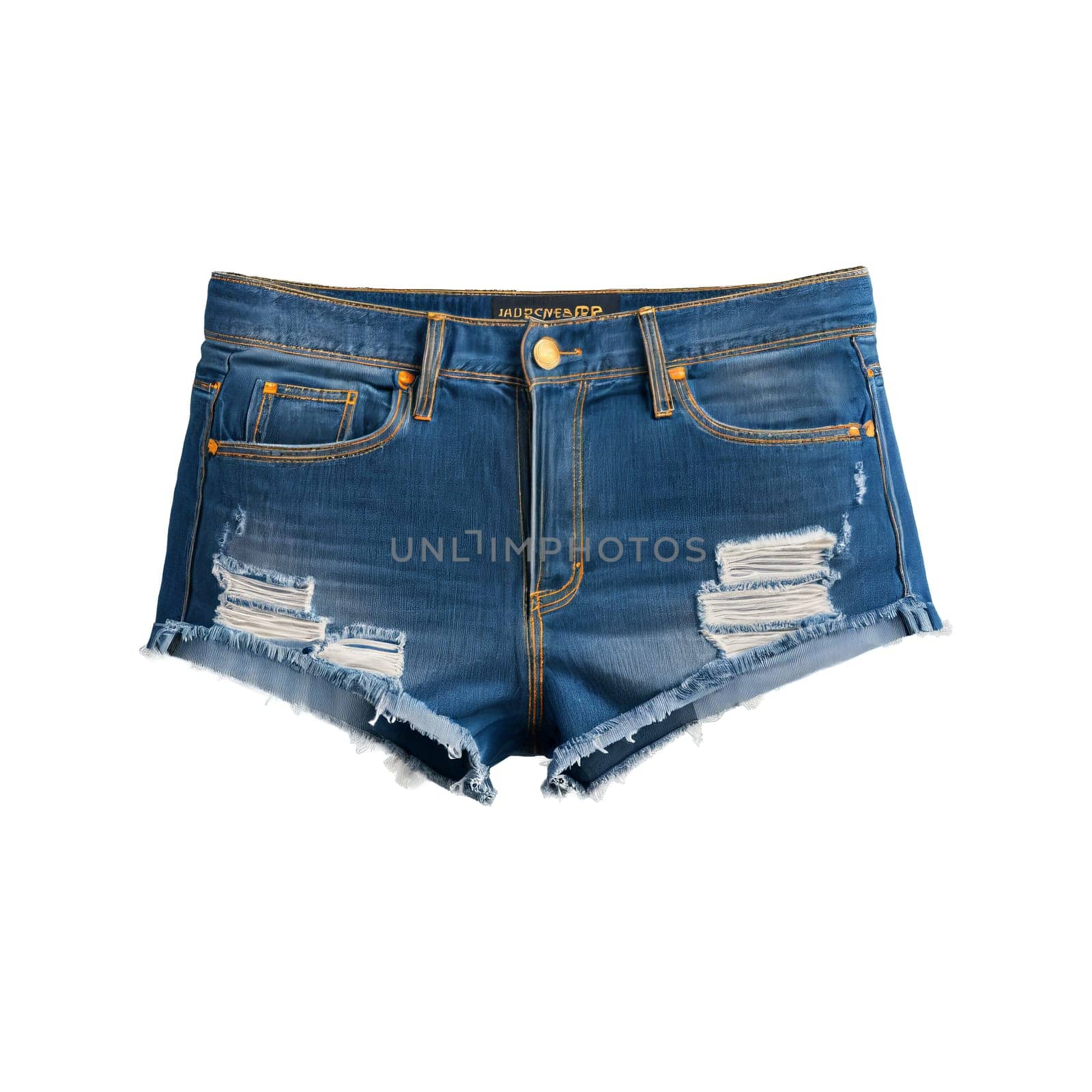 Edgy distressed denim shorts with frayed hems and a high waisted silhouette airborne Mockup concept by panophotograph