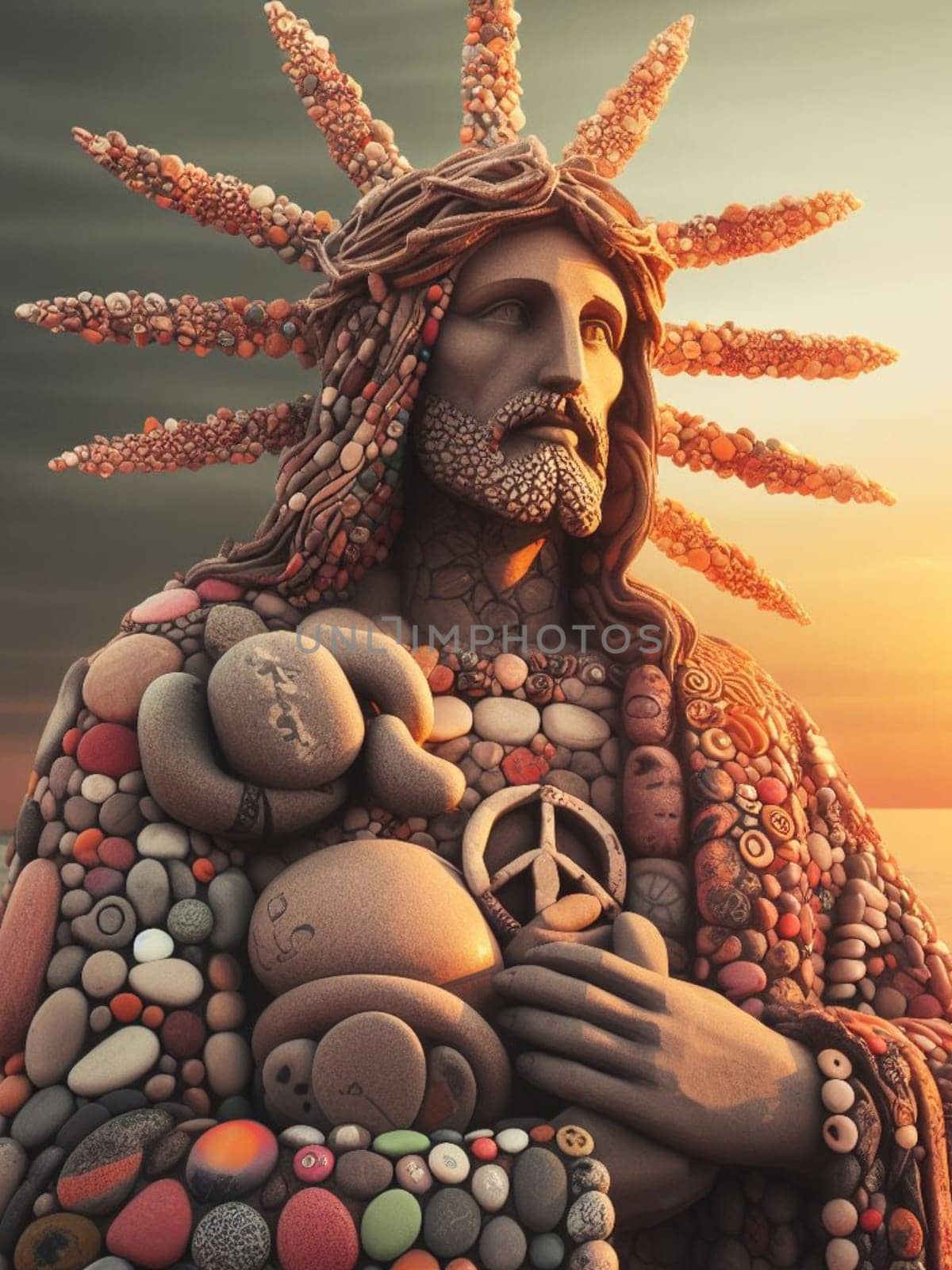 Sculpture of Jesus Christ made of pebbles at the beacj at sunset, asking for peace stop war concept ai generated