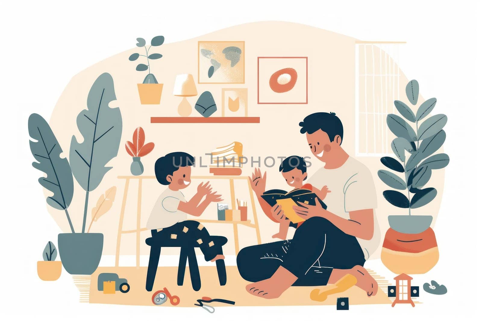 Father's Day greeting card design flat illustration, A man and a little boy are reading with book.