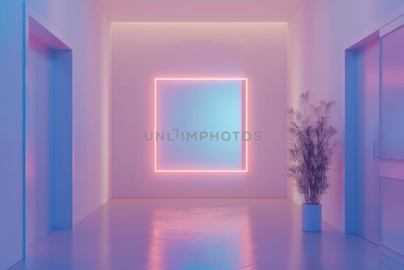 A neon sign is lit up in a room with a white wall.