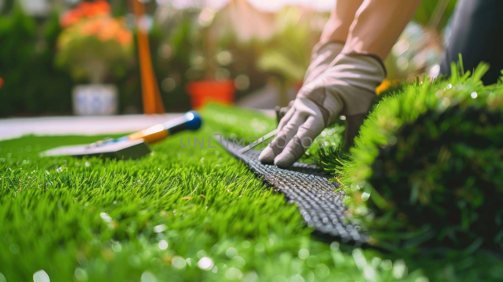 A man is laying down a piece of artificial grass.