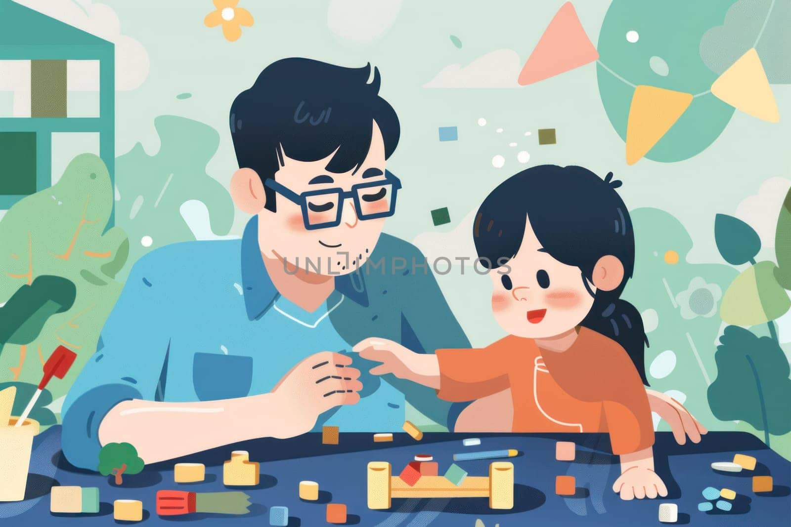 Father's Day greeting card design flat illustration, A man and a little girl are playing with blocks by golfmerrymaker