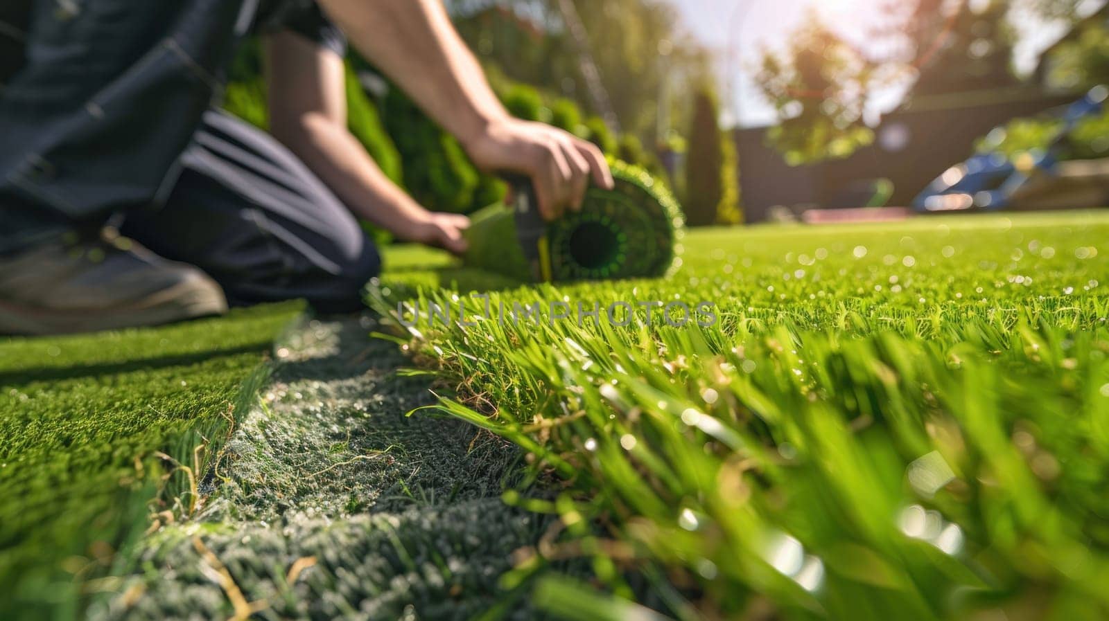 A man is laying down a piece of artificial grass.