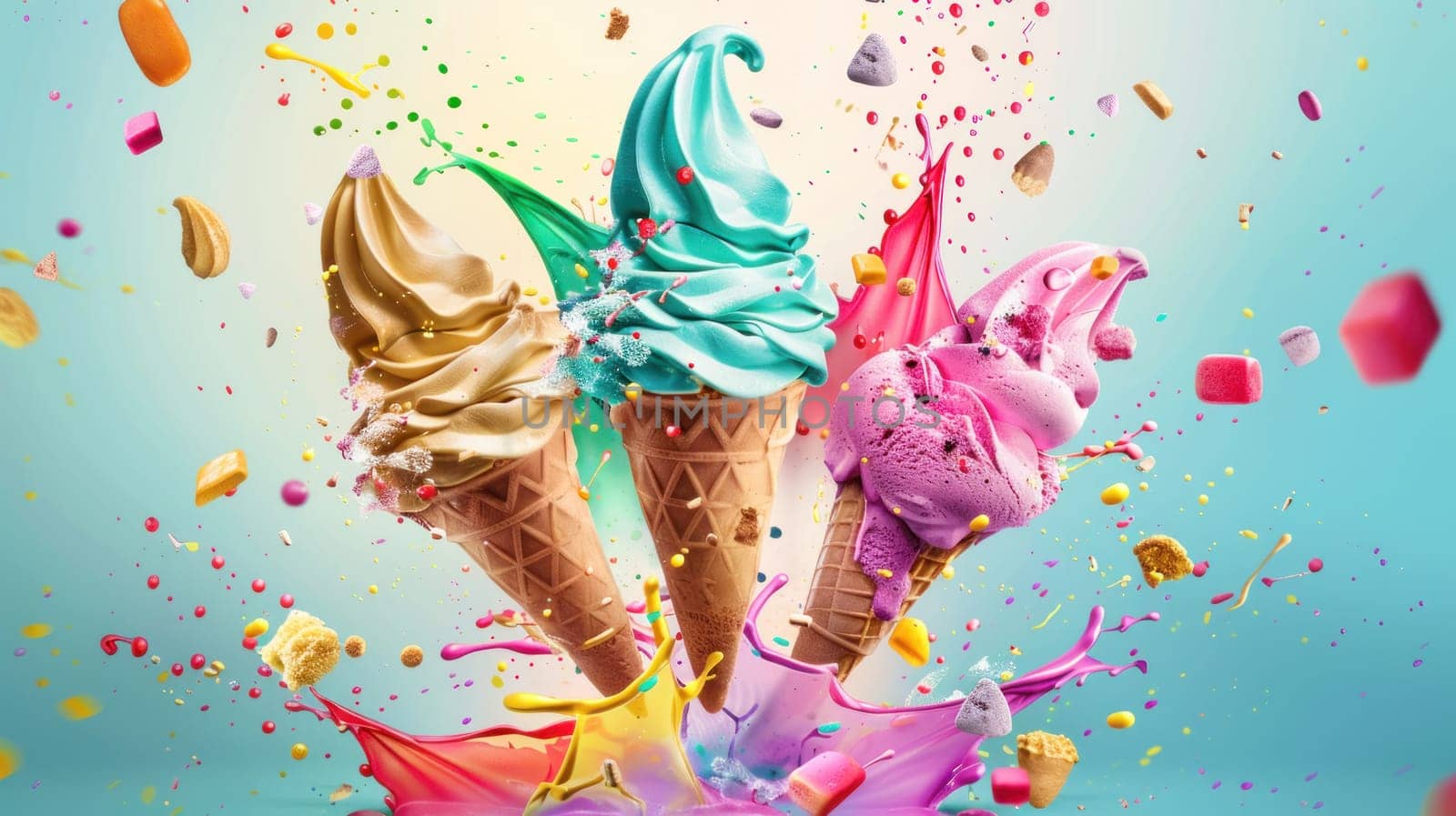 ice cream cones are splattered with colorful paint, creating a fun.