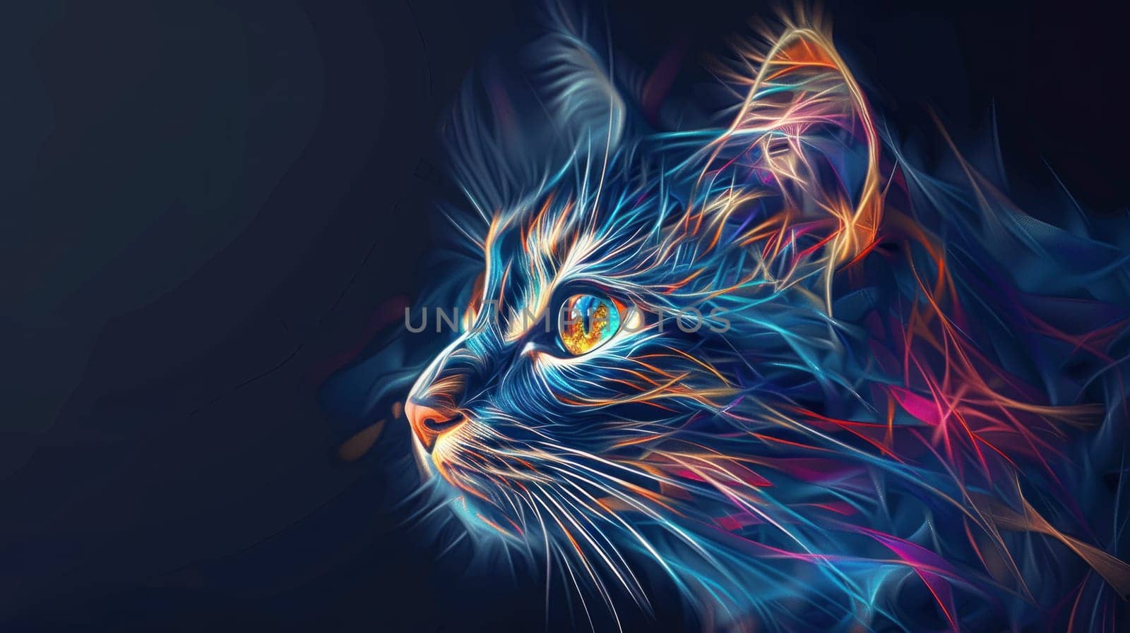 A cat with a colorful face is shown in a bright, colorful background.