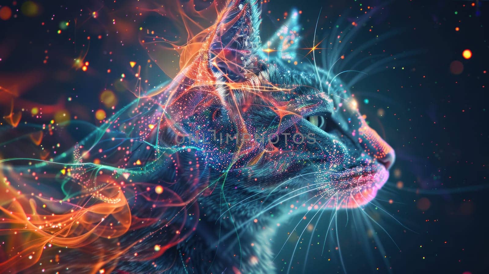 A cat with a colorful face is shown in a bright, colorful background. The cat's eyes are open and staring at the viewer, creating a sense of curiosity and wonder. Scene is playful and whimsical