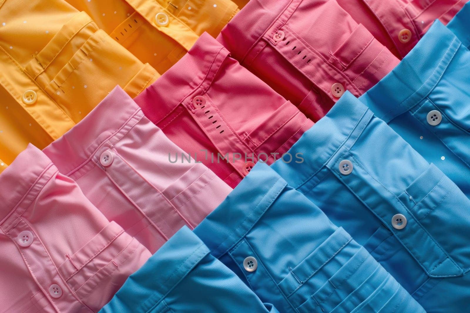 A row of shirts in different colors, including pink, yellow, and blue. The shirts are neatly folded and arranged in a row