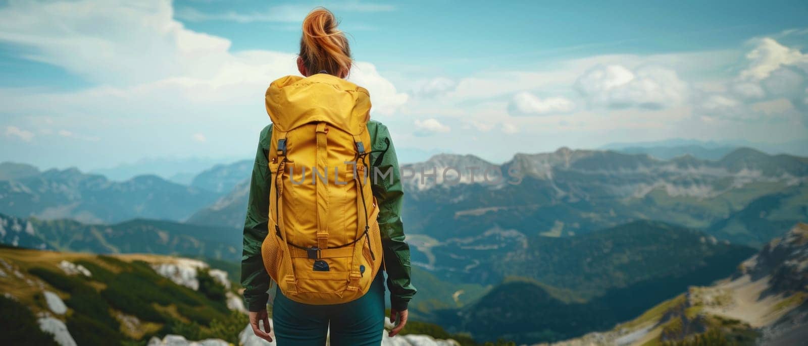 A woman is standing on a mountain top with a yellow backpack on.