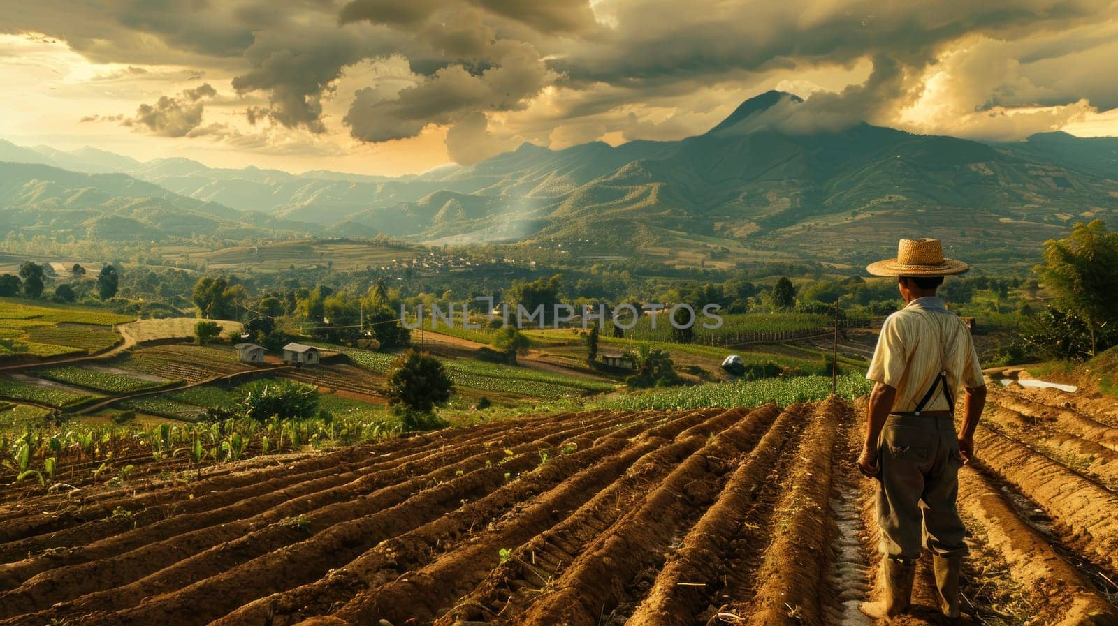 A man stands in a field of crops with the sun shining on him.