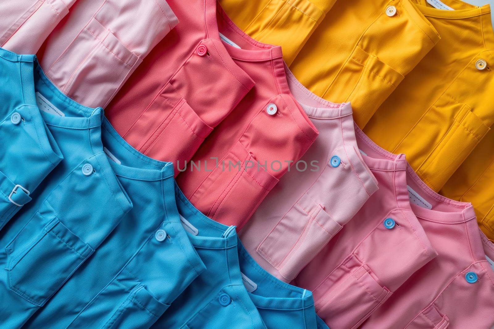 A row of shirts in different colors, including pink, yellow, and blue.