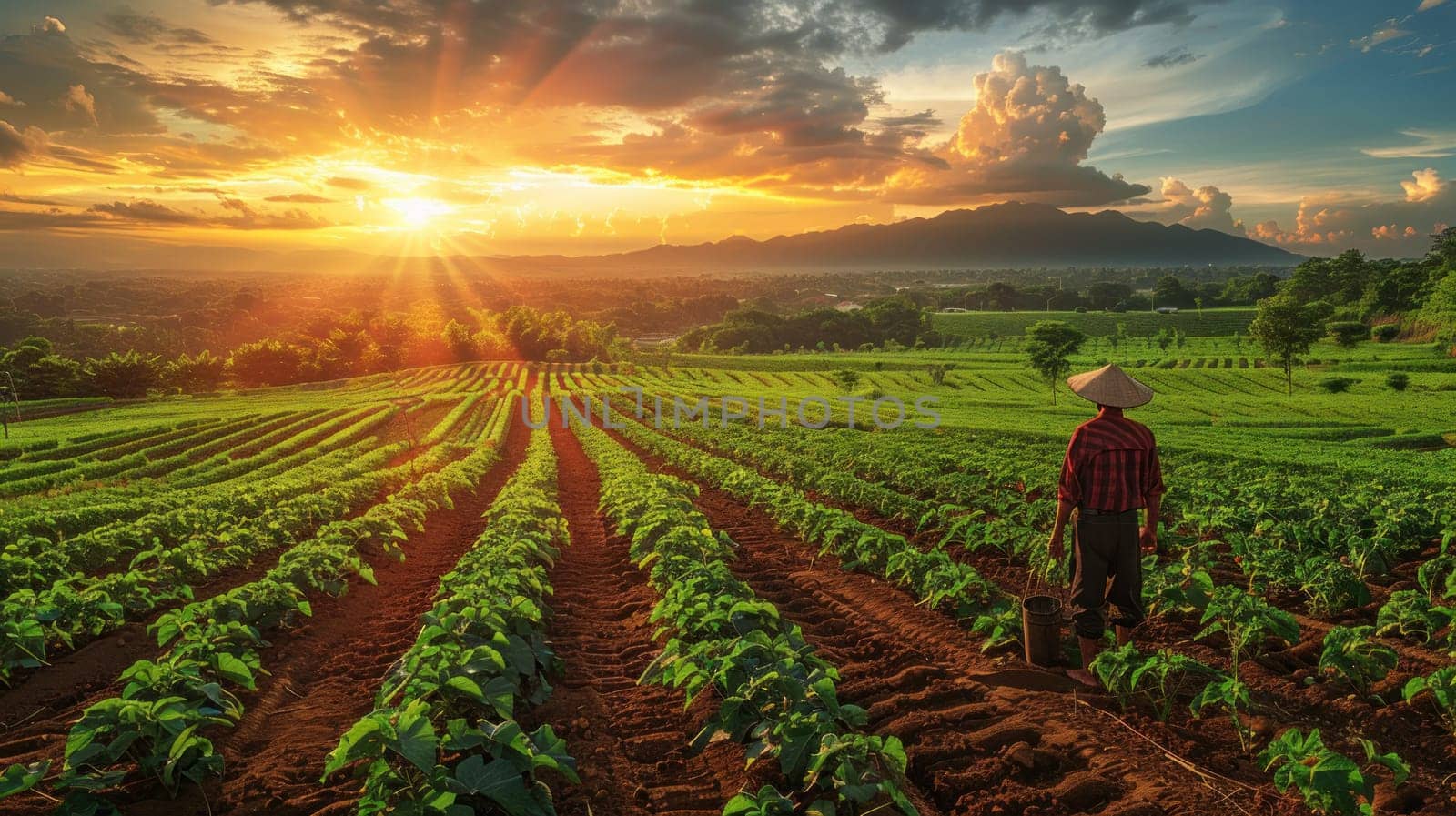 A man stands in a field of crops with the sun shining on him.