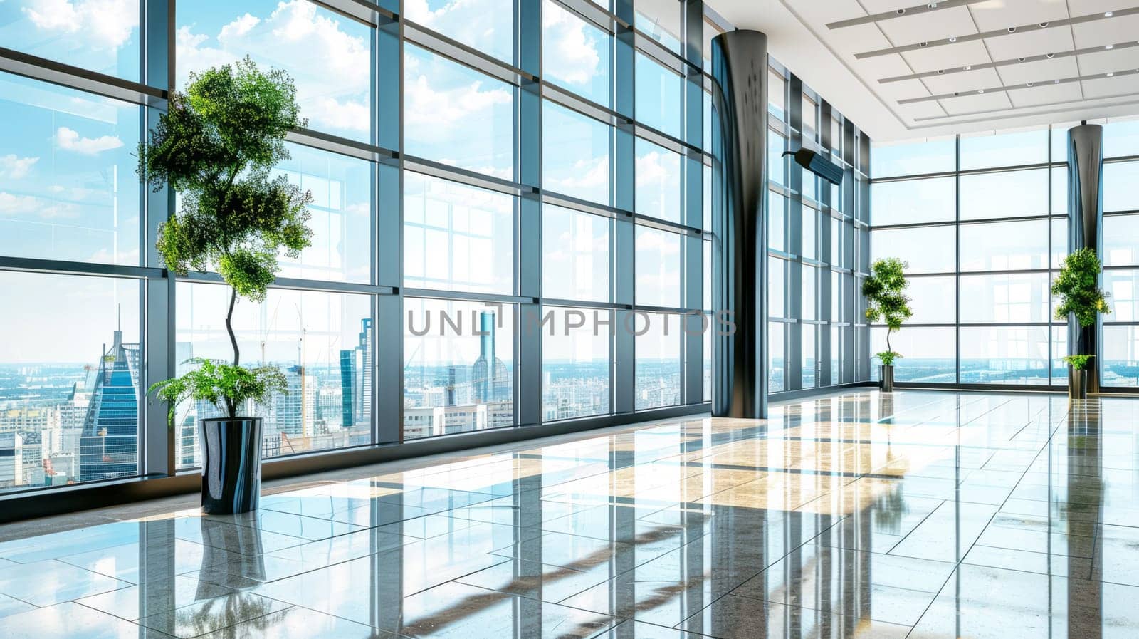 A beautiful modern spacious office hall with panoramic windows and a perspective in pleasant blue tones..