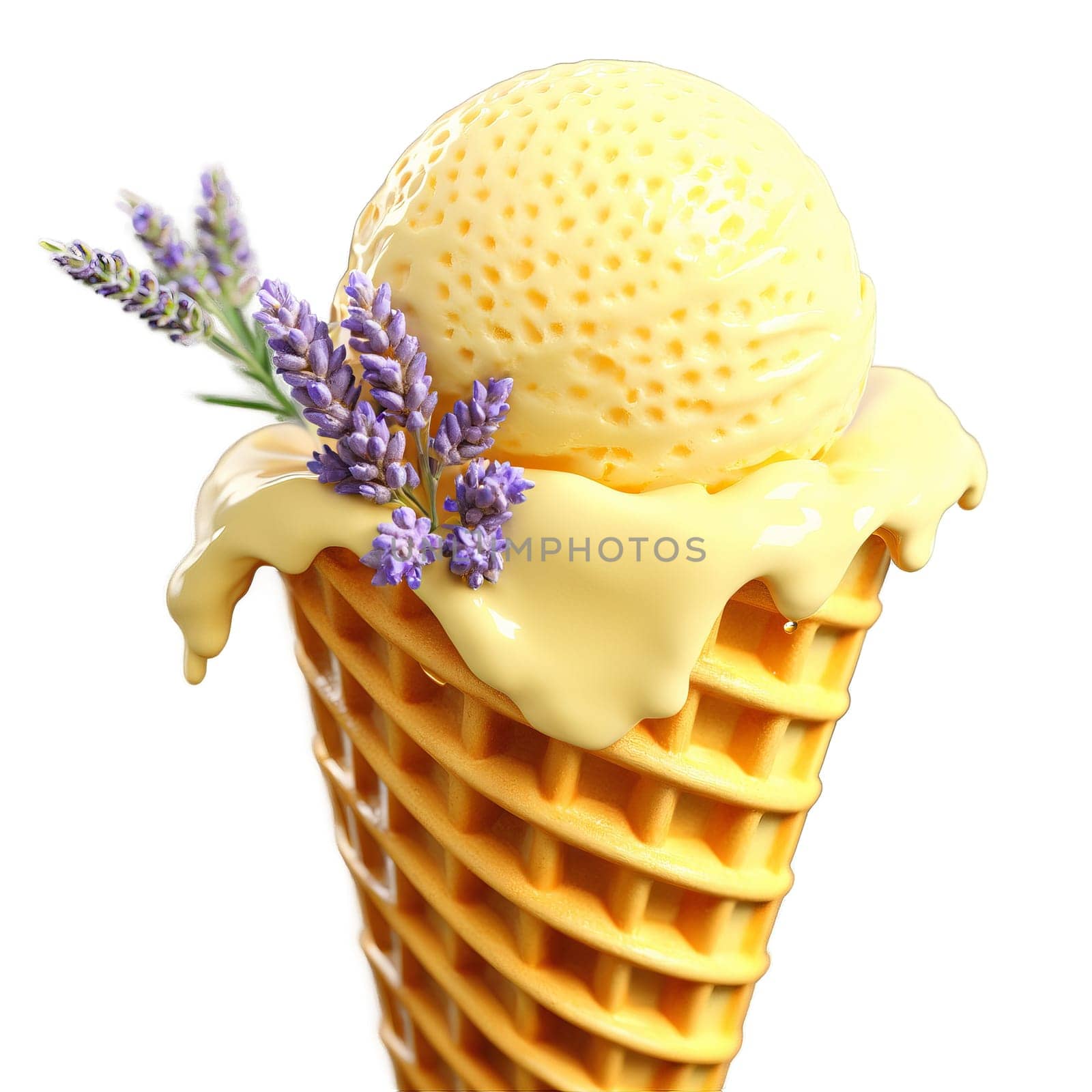 Honey lavender ice cream pale yellow in a waffle cone garnished with a drizzle of by panophotograph