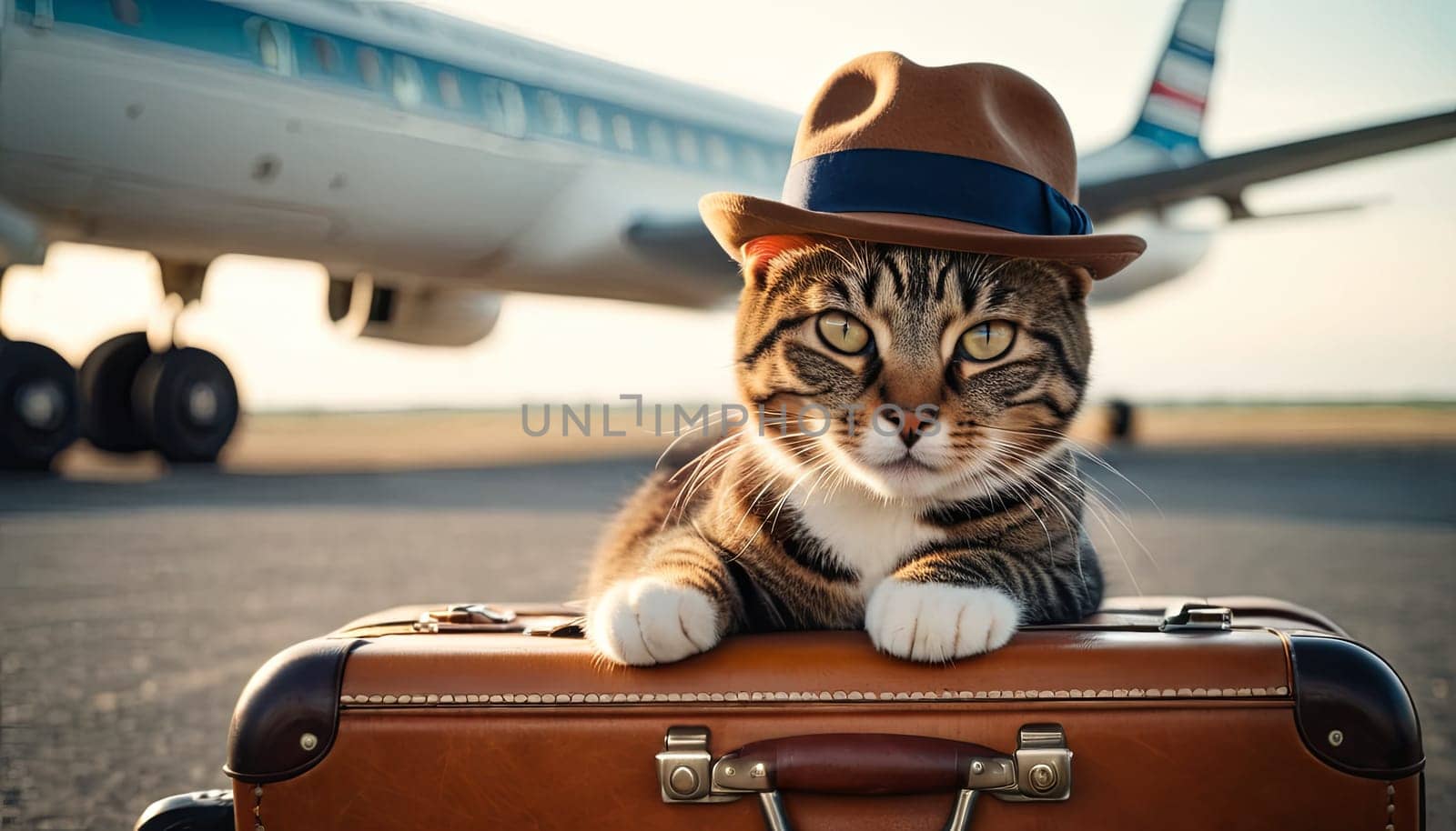 Traveler cat at airport, private jet awaits. Cat adorned with stylish hat sits atop suitcase, evoking sense of companionship in travel. by Matiunina