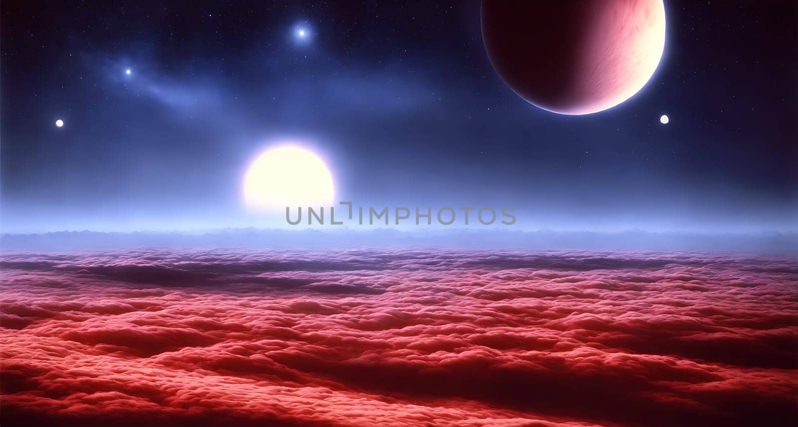 The image depicts a barren, rocky landscape with a large, glowing planet in the background.