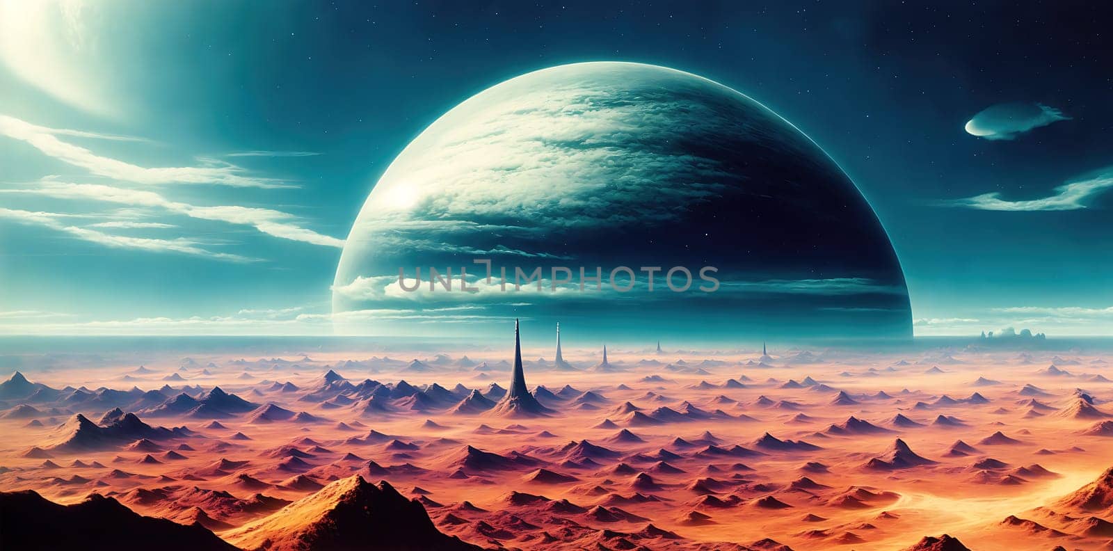The image depicts a barren, rocky landscape with a large, glowing planet in the background.