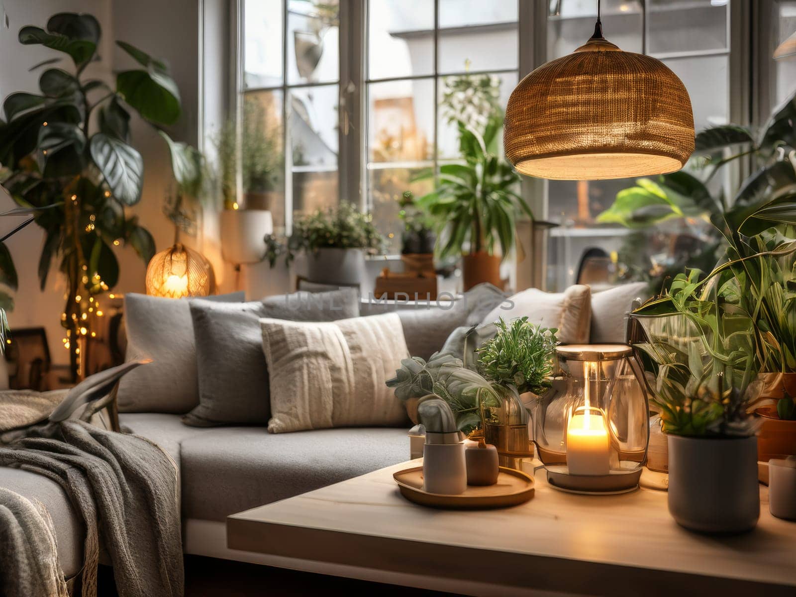 Urban jungle in living room interior with many plants by fascinadora