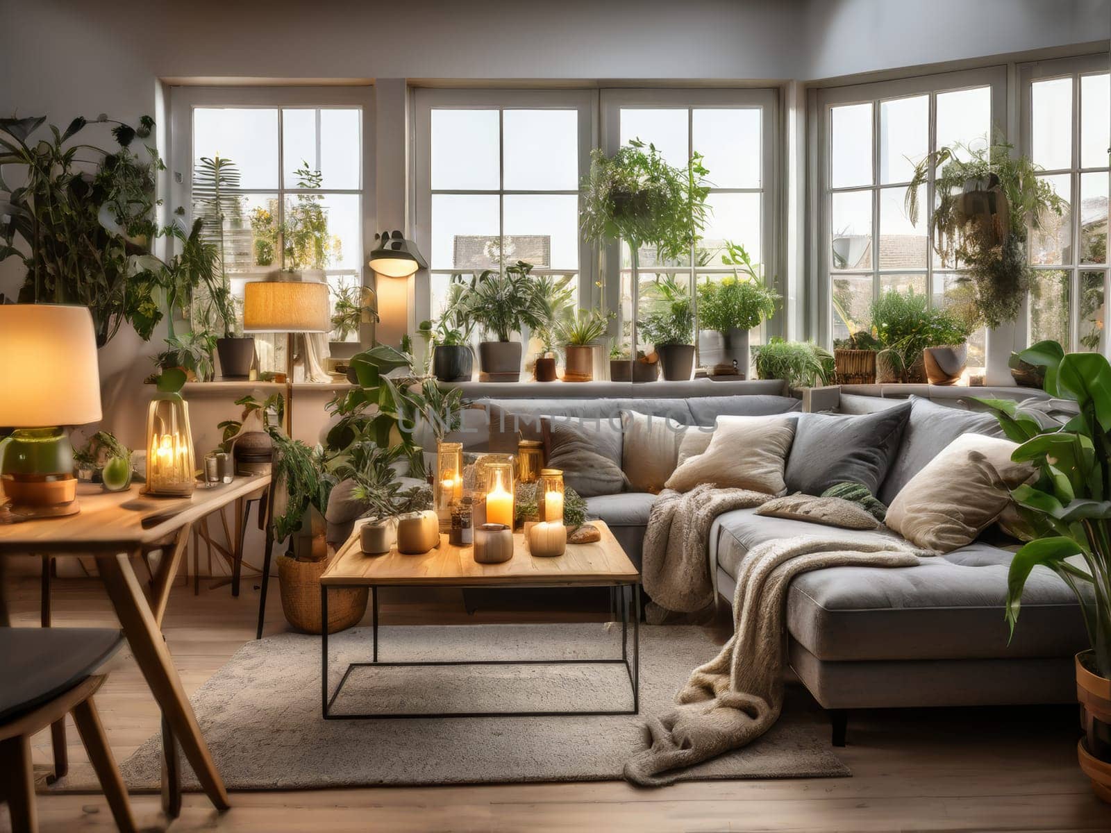 Urban jungle in living room interior. Scandinavian and boho style cozy living room interior with many natural potted plants. Writing desk and chair in room with green plants