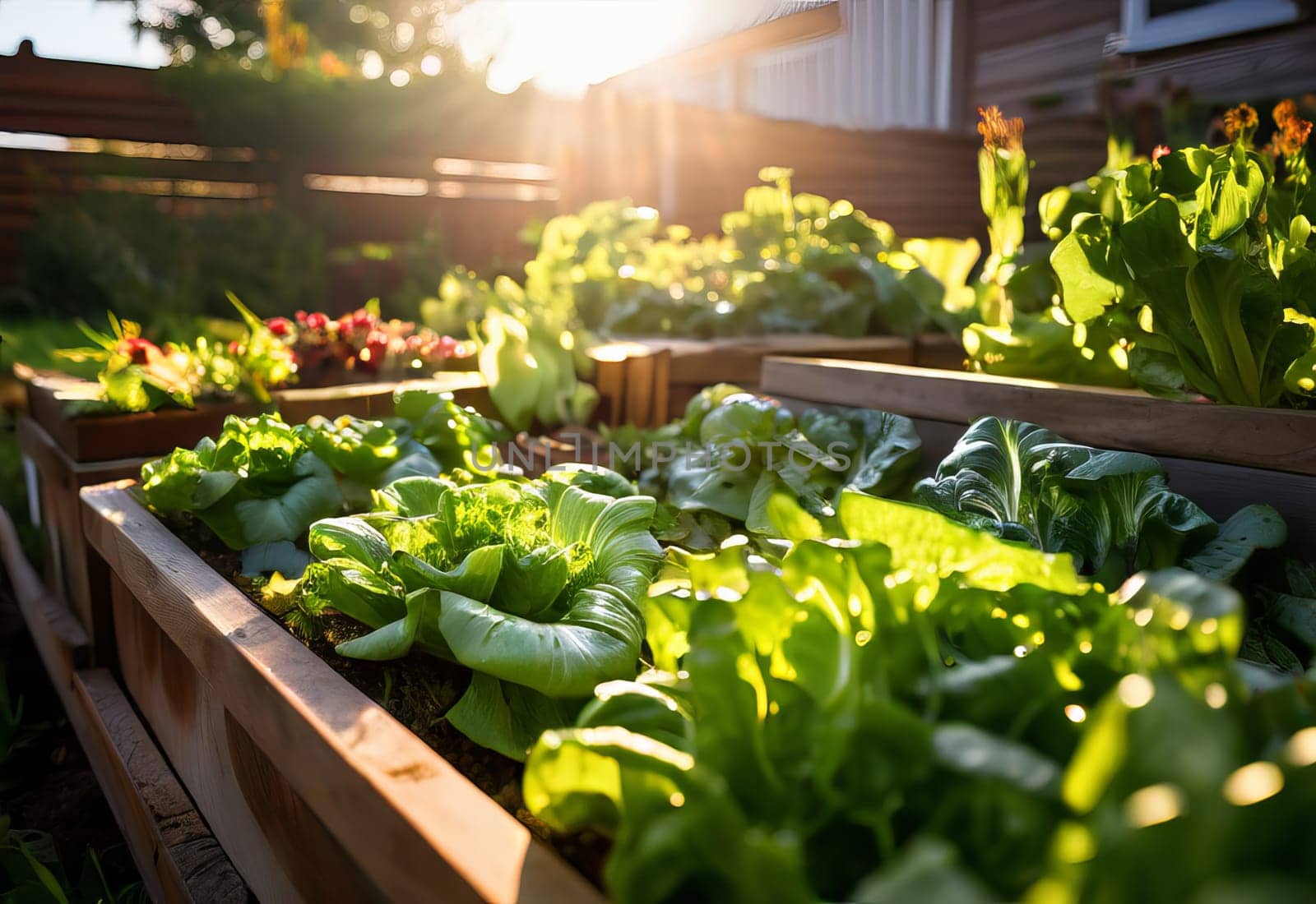 Growing vegetables on raised wooden bed in backyard garden, vegetable growing concept. Small urban backyard garden contains raised planting beds for growing salad greens and herbs throughout summer