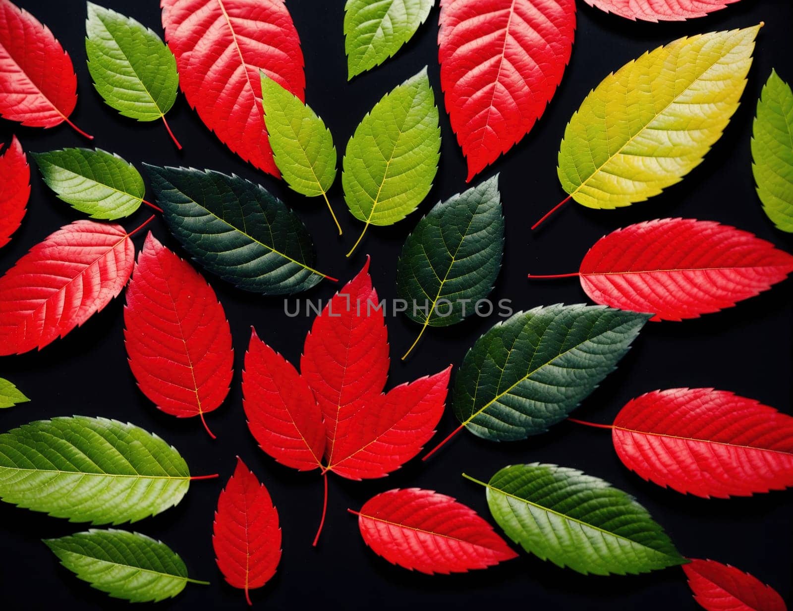 The image shows a group of colorful leaves arranged in a circular shape on a black background.