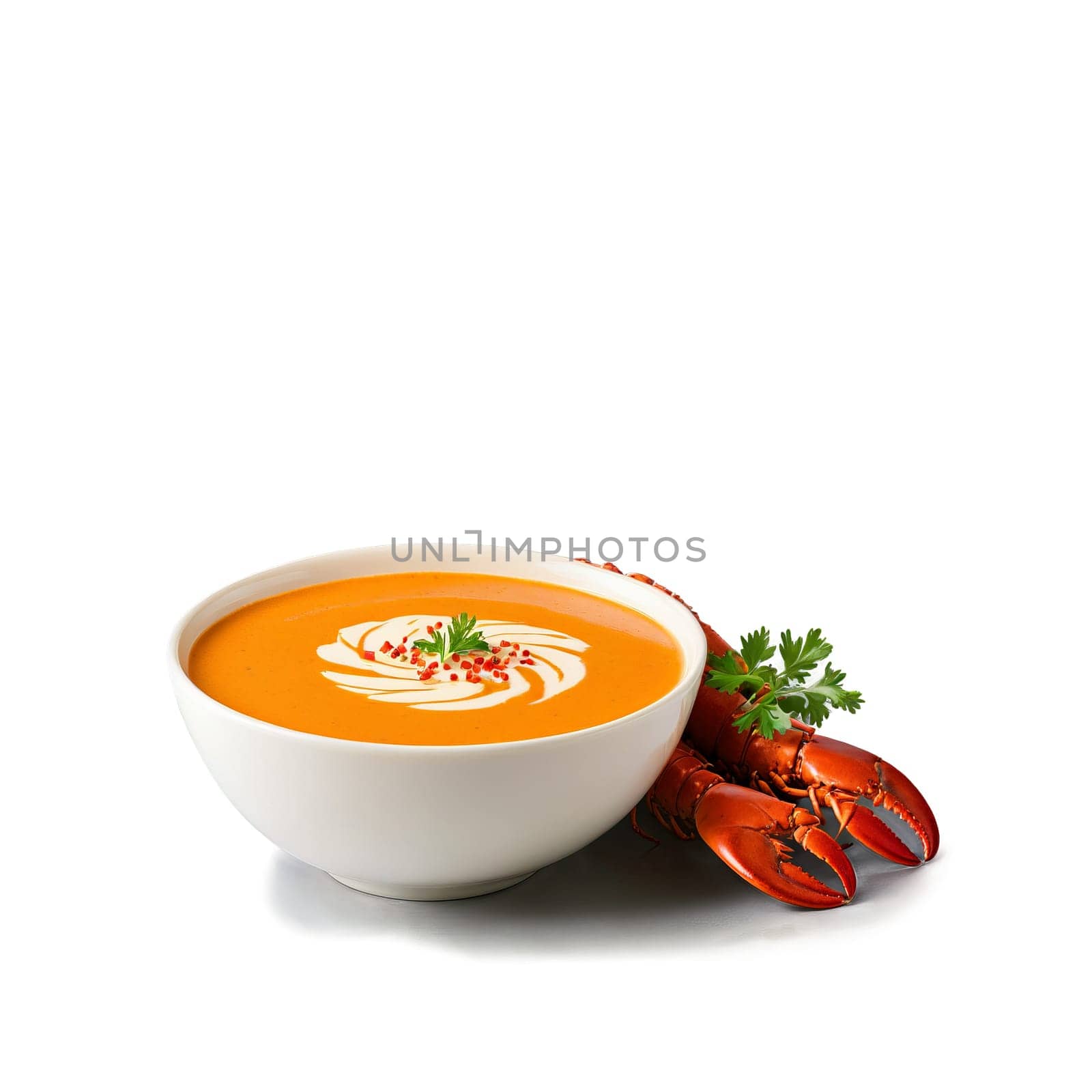 Lobster bisque creamy and rich served in a white bowl garnished with a swirl of by panophotograph